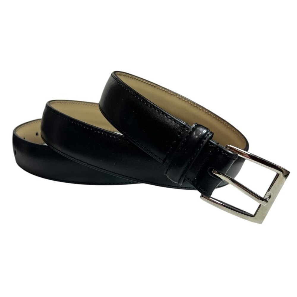 Men's Genuine Leather Dress Belt Black Size 44 Silver Tone Buckle 1-1/8" W